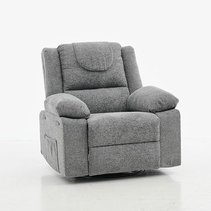 Swivel Rocker Recliner Chair for Adults with Massage and Heat Oversized Linen Fabric Glider Nursery Chair with Deep Seat High Backrest Upholstered Single Sofa for Living RoomGray