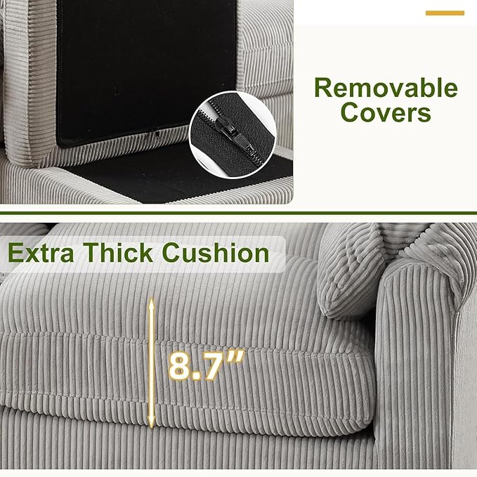 115 Modular Sectional U Shaped Corner Sofa with Movable Ottoman Corduroy 6-Seater Couches with Thick Cushion for Living Room Grey
