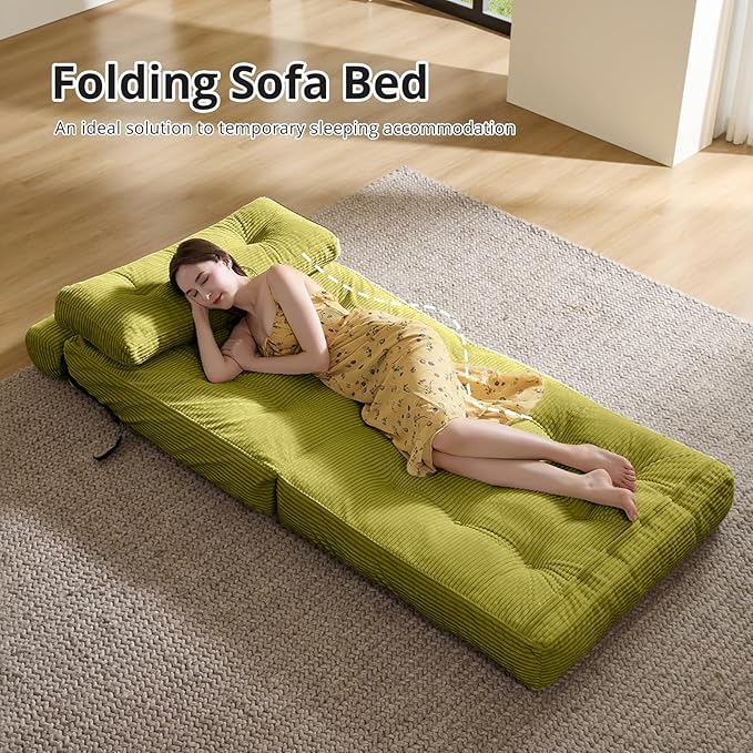 Folding Sofa Bed Convertible Sleeper Chair with Pillow Foldable Mattress with Back Support Portable Floor Sofa Lounge for Living Room Bedroom Dorm(Green Single)