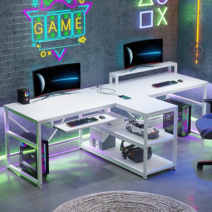 SEDETA 94.5 White Computer Desk Two Person Gaming Desk with LED Light Keyboard Tray Power Strip with USB Monitor Shelf &amp Storage Extra Long Double Desk for Home Office White