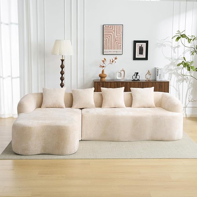 KEIKI 104.7 Cloud Sofa L-Shape Sectional Sofa with Curved Chaise Futon Sofa Couch Folding Mattress for Living Room Guest BedroomNo Assembly Required Beige