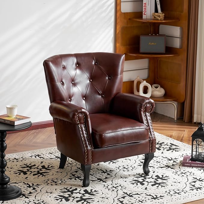 MOJAY PU Leather Accent Chair Set of 2 Mid-Century Modern Armchair Living Room Club Chair with Tufted Button &amp Rivet Trim Upholstered Sofa Chair with Sturdy Wood Legs for Bedroom (Reddish Brown)