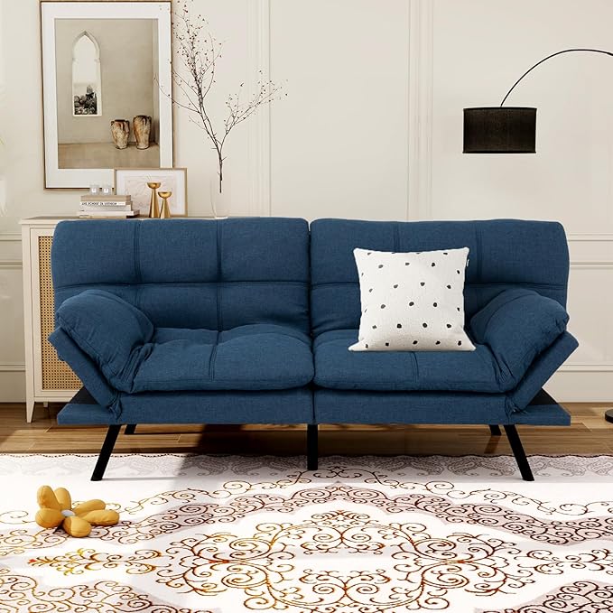 MUUEGM Convertible Futon Sofa Bed Memory Foam Futons Couch Bed 71 Adjustable Backrests and Armrests Sleeper Sofa Modern Love Seat Couch Bed for Living Room Small Space Office Blue