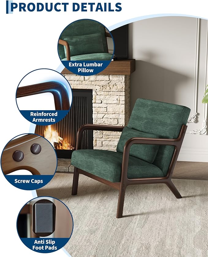 Garvee Mid-Century Modern Accent Chair Chenille Upholstery Solid Wood Armchair with Removable Lumbar Pillow Sturdy Reading Chair for Living Room Bedroom Guest Room Easy Assembly Green
