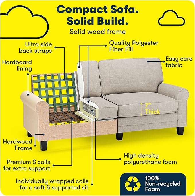 Serta Copenhagen 78 Rolled Arm Sofa Easy Care Polyester Soft Pillow Back Pocket Coil Seat Cushions Removable Covers Loveseat or Couch for Small Spaces Living Rooms or Bedrooms Light Gray
