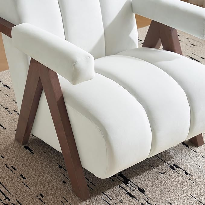 Mid Century Modern Accent Chair with Solid Wood e Upholstered Living Room Chairs with Thick Cushion Comfy Tufted Arm Chair for Bedroom Living Room Velvet Ivory