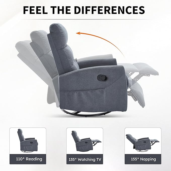 360° Swivel Rocking Chair for Nursery Manual Glider Chair Nursing Chair with Side Pockets Polyester Glider for Living Room Heavy Duty Motion Mechanism Gray