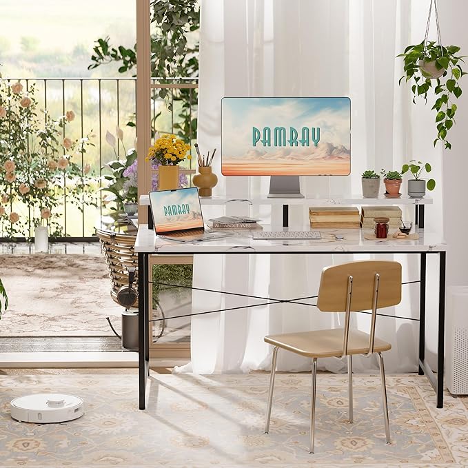 Pamray 47 Inch Small Computer Desk with Monitor Stand Simple Office Desk with Headphone Hook for Small Spaces Kids Study Writing Table for Bedroom Marble