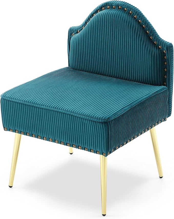 Modern Upholstered Pleated Velvet Accent Chair Tufted Dining Office Chairs Armless Slipper Chair Mid-Century Side Chair Single Luxury Sofa Chair with Golden Legs for Living Room Small SpaceTeal