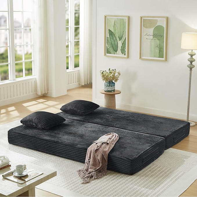 Modular Couch Bed Convertible Folding Plush Corduroy Comfy Floor Memory Foam Compression Loveseat Sleeper Sofa Couch King Size Bed for Guest Room Living Room Bedroom No Assembly Required Dark Grey
