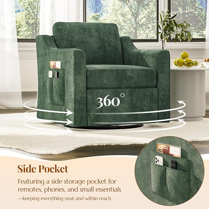 360° Swivel Accent Chair Set of 4 Large Comfy Reading Chairs Accent Square Single-seat Armchair Upholstered Sofa for Reading Nursery Living Room Bedroom Lounge Hotel Green