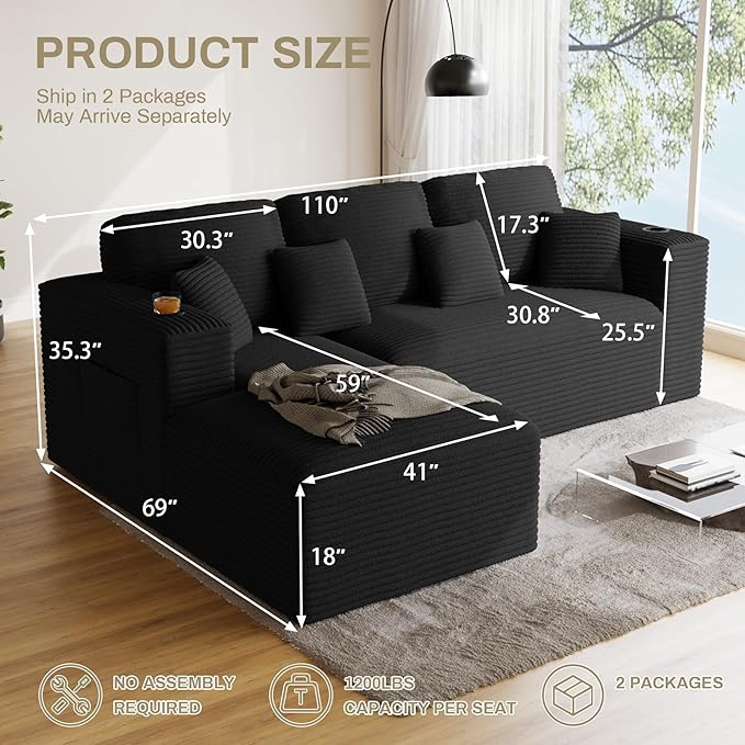 110 Modular Sectional Sofa Cloud Couch Modern Deep Seat Fluffy Corduroy Boneless Couch with Cup Holder Comfy L Shaped Sectional Couches for Living Room Bedroom. (Left Facing Black)