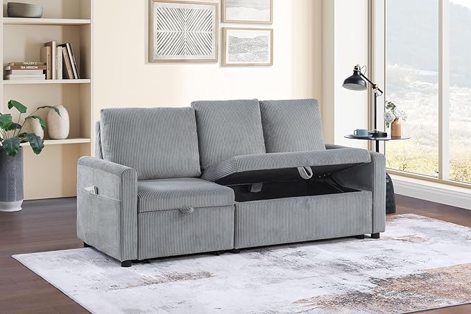 Lilola Home Oswin 70 W Gray Corduroy Fabric Sleeper Sofa with Pull-Out Chaise and Tufted Cushions – Modern Space-Saving Convertible Couch for Small Apartments or Guest Rooms