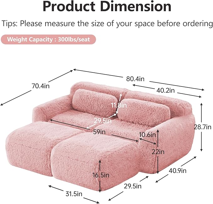 80 Sectional Couches for Living Room Comfy Boneless Couch 2 Seater Cloud Sofa Compressed Loveseat with 2 Ottomans Modern Love Seat in a Box Fluffy Plush Floor Couch No Assembly (Pink)
