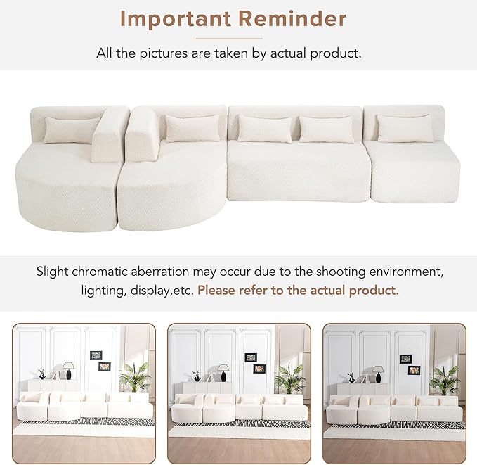 144 Upholstered Sofa Free-Combined Sofa Couch with Two Chaise Lounge and Five Back Pillows for Living Room (Beige@50)