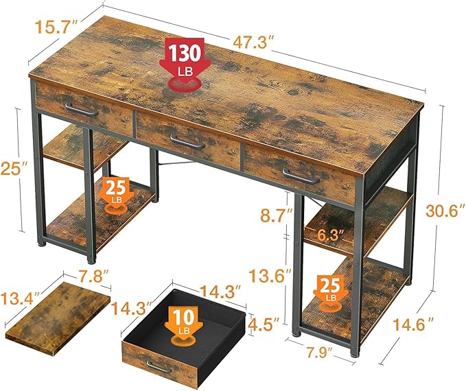 ODK Office Small Computer Desk: Home Table with Fabric Drawers &amp Storage Shelves Modern Writing Desk Vintage 48x16