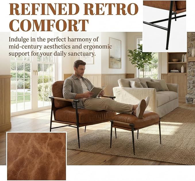DUOMAY Mid Century Modern Accent Chair with Ottoman Set Brown PU Leather Upholstered Living Room Chair with Metal Legs Lazy Lounge Chair Set with Footrest for Bedroom Living Room