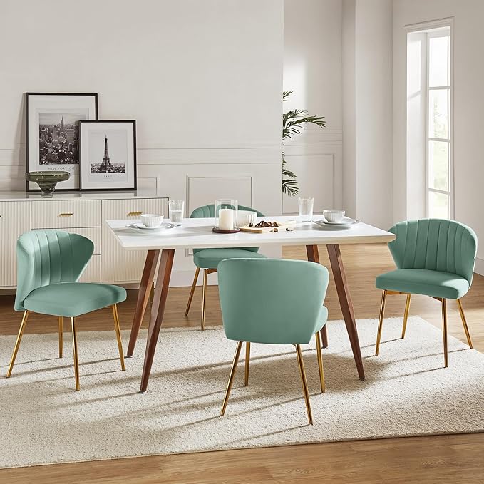 HULALA HOME Velvet Dining Chairs Modern Small Armless Accent Chair with Gold Metal Legs Living Room Upholstered Cute Side Chair Elegant Tufted Back Vanity Chair for Bedroom/Beauty Room-SAGE