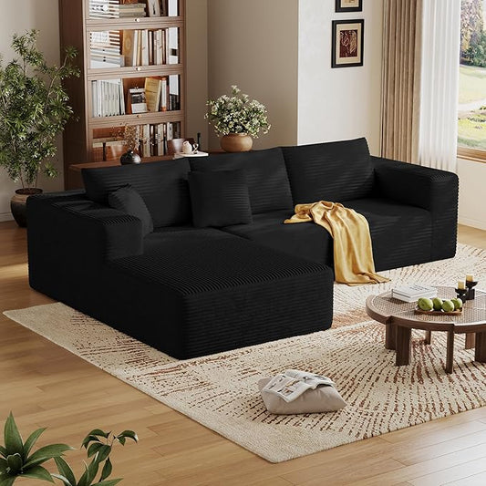 CHORRO108''Sectional Boneless Cloud SofaModern Modular L-Shape Couch for Living RoomCorduroy Convertible Sponge Sleeper SofasUpholstered Lougne Chaise Couchs-with Soft Pillow(BlackLeft Chaise)