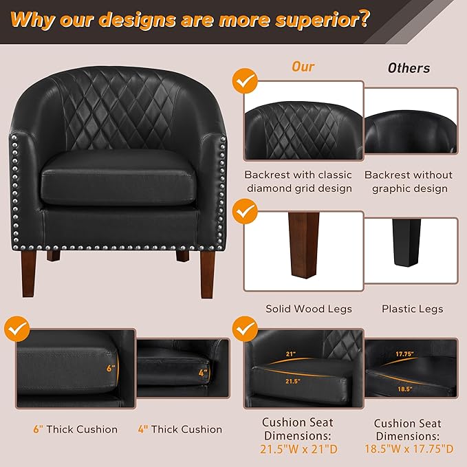 Prilinex Comfy Barrel Accent Chair - Faux Leather Living Room Chair Club Chair with Cushion Diamond Grid Backrest &amp Nailhead Trim Guest Chair for Office Bedroom &amp Waiting Room Black