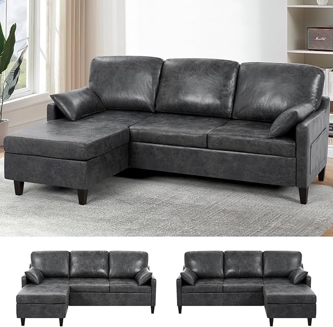 76 Sectional Sofa Couch with Reversible Chaise Suede Leather L Shaped Sofa w/USB Charger Ports &amp Storage Bag Convertible Modern Couch w/Storage Space for Living Room Small Space Grey