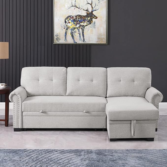 Convertible Sleeper Sofa with Pull Out Bed 3-Seat Sofa Bed Sleeper Couch with Storage Chaise Lounge for Apartment Living Room Home Office Guest Room (Light Gray Sofa Bed Couch)