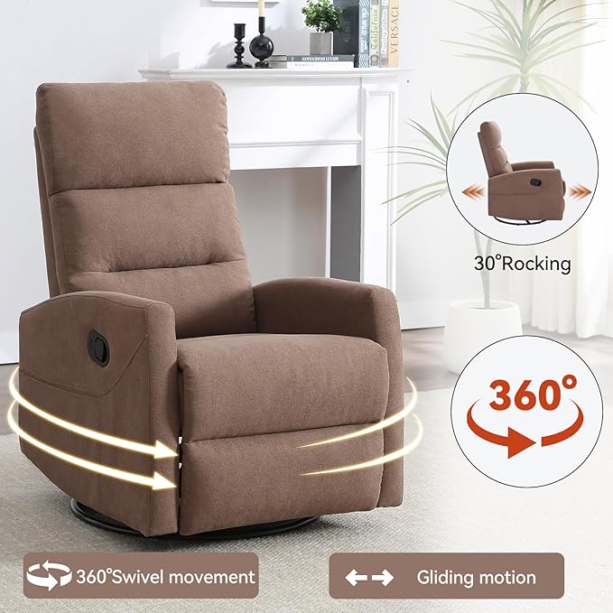 Swivel Rocker Recliner Chair for Adults Rocking Recliner Chair Rocker Nursery Glider ChairRocker Recliners for Small Spaces Manual Recliner Single Sofa for Living Room NurseryRV(Brown)