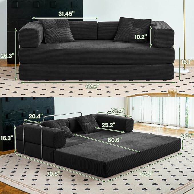 Compression Sofa - 62''Convertible Floor Sofa Bed - with Pillow Back Support Armrest - Comfy Foldable Sofa Bed Compressed Sofa in Box - Corduroy Fabric - for Living Room Bedroom (Black)