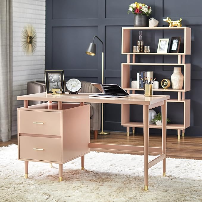 Margo 50 Wide Mid-Century Modern Wood Desk with Drawers Stylish Elevated Top Design Solid Pine Wood Tapered Legs Computer Desk for Home Office &amp Study Blush Pink