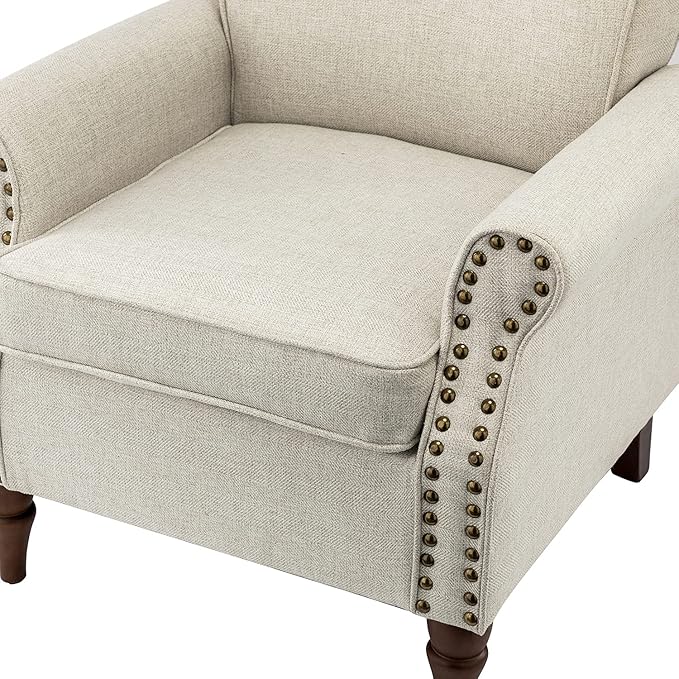 Modern Upholstered Accent Chair with Wood Legs Wingback Armchair with Removable Cushion Comfy Nailhead Trim Lounge Chair Single Sofa Reading Chairs for Living Room Bedroom