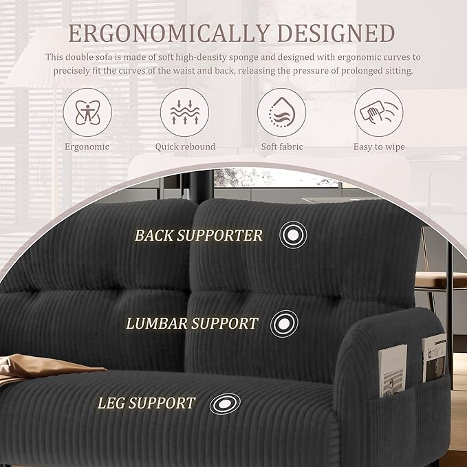 47 Loveseat Sofa Small Couches for Small Spaces Comfy Corduroy Solid Wood Frame Modern Deep Seat 2 Seater Couch with Side Pockets for Bedroom Living Room Apartment Office (Gray)