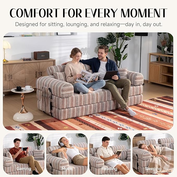 79 Corduroy Sofa Bed Sleeper Couch 6-in-1 Convertible Boneless Floor Futon Loveseat High-Density Foam Couch in a Box with 2 Headrest Pillows No Assembly Red and White