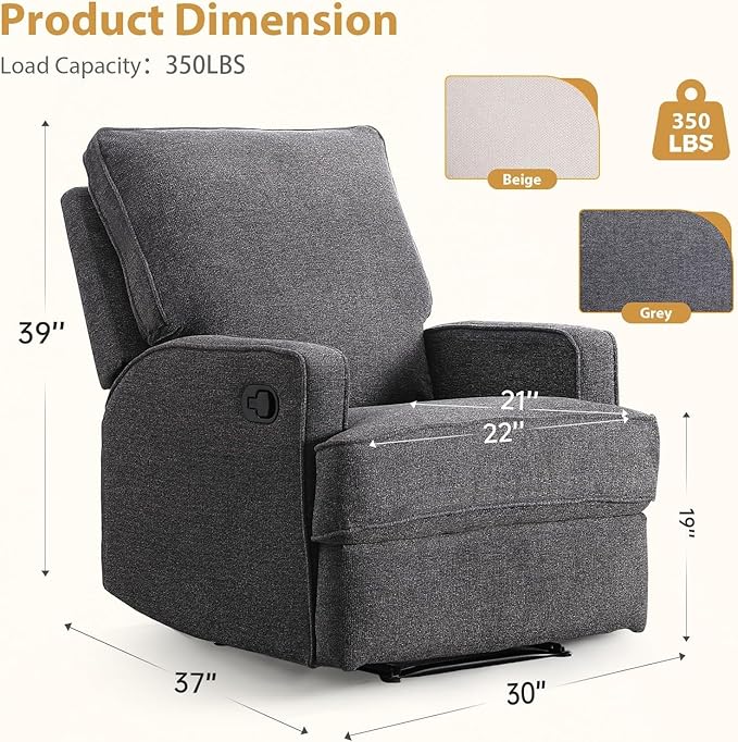 Classic Manual Recliner Chair for Adults Soft Fabric Overstuffed Single Reclining Sofa Chair with Padded Backrest Heavy Duty Recliners for Living Room BedroomGrey