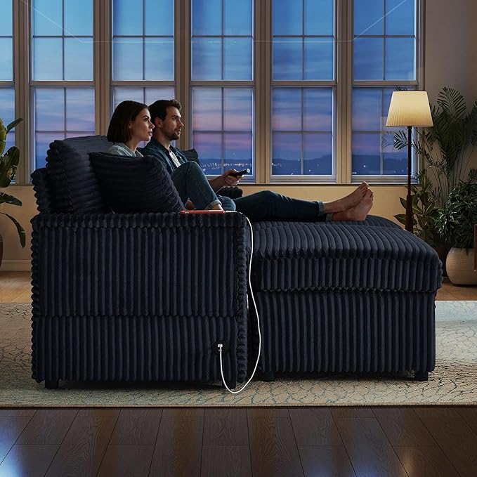 68 Cloud Loveseat with Ottoman Set USB Ports &amp Storage Wooden Side Table Comfy Plush Corduroy Upholstered Love Seat Modern Oversized Deep Seated Grey Sectional for Living Room Grey