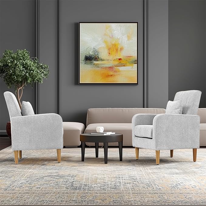 Upholstered Sofa Chair with Pillow Fabric Accent Armchair with Wooden Legs Comfy Lounge Chair for Living Room Bedroom or Office Supports up to 300 lbs (Gray)