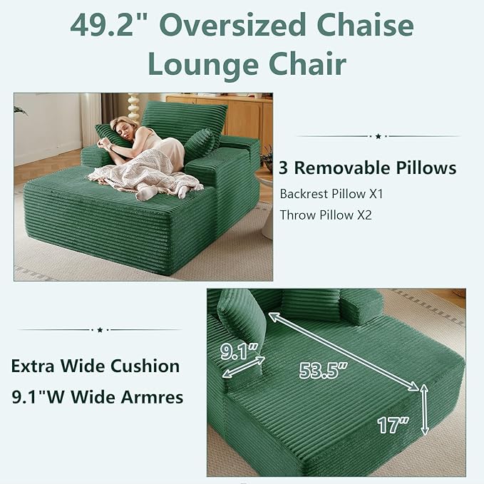 50 Oversized Chaise Lounge Chair IndoorCorduroy Boneless Reading Chair with 3 PillowsDeep Seat Cloud Sofa BedComfy Modern Sleeper Chairs in Box for Living Room BedroomNo Assembly(Green)