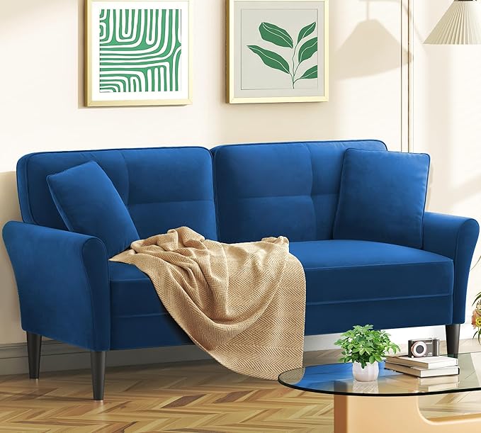 Loveseat Sofa 69 Love Seat Couches Comfy Velvet Small Sofa Couch for Bedroom with 2 Pillows Tool-Free Setup Sofas &amp Couches 700lb Load Sofas for Living Room Mini Couch for Bedroom Blue Couc