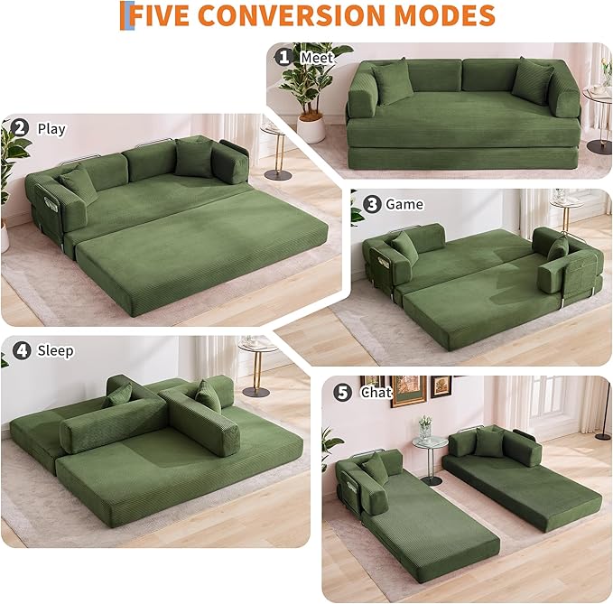 Convertible Sleeper Sofa Bed 78.8 Floor Sofa Bed 5-in-1 Folding Mattress Couch Loveseat with Fixed-Shape Frame Pillow Corduroy Fabric for Living Room Bedroom Lounge Green