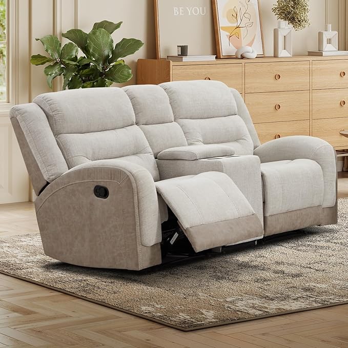 EBELLO Loveseat Recliner with Center Console Soft Fabric 2-Seater Manual Recliner Sofa Hidden Storage &amp Cup Holders Wall-Hugger Reclining Sofa for Living Room RV Beige