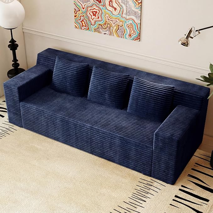71Cloud Loveseat SofaModern 2-Seater Boneless Couch with 3 Pillows &amp Side PocketSoft Corduroy Love seatCompressed FoamDeep SeatNo Assembly for Living RoomBedroomApartment(Flat Handrail Bl