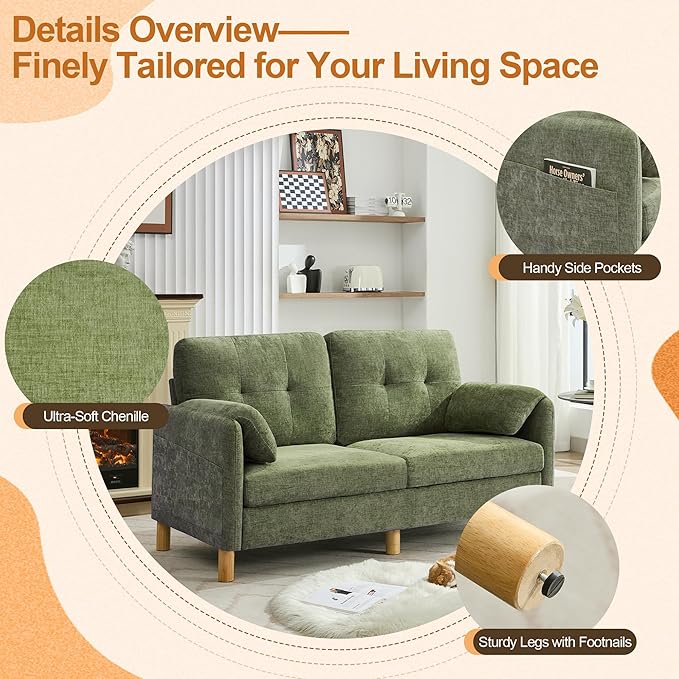 65 Chenille Modern Loveseat Sofa Upholstered 2-Seater Love Seat Couch with Armrest Pillows Storage Pockets Easy Assembly Tufted Loveseat Couches for Living Room Bedroom Green