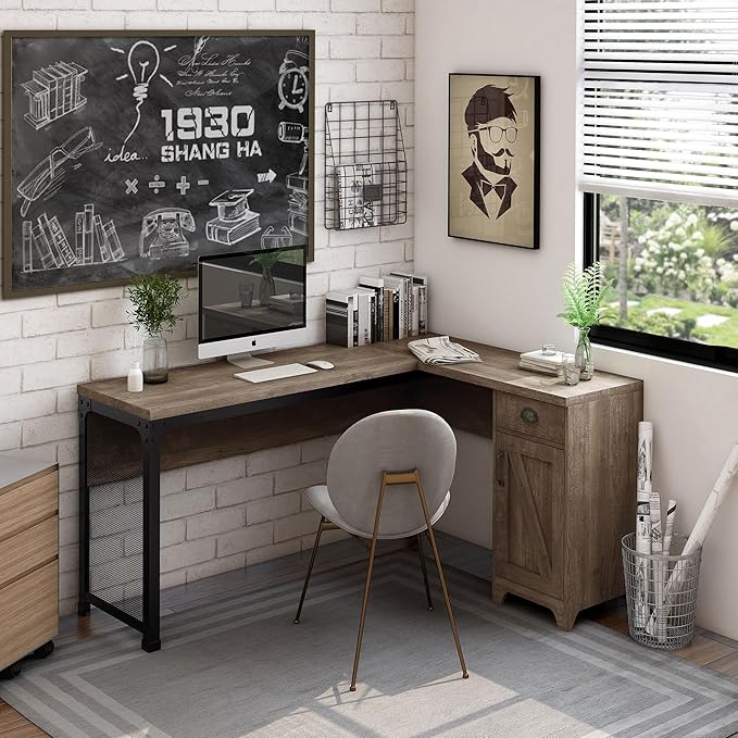 24/7 Shop at Home Holbrook Traditional 1 Drawer Wood L-Shaped Computer Desk with 2 Adjustable Shelves 1 Cabinet Door for Workstation Home Office Study Room Oak Brown