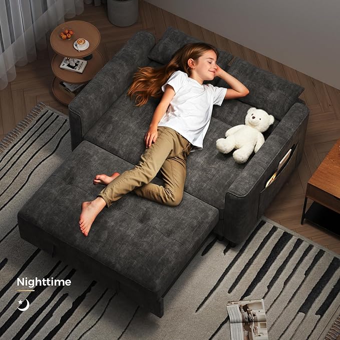 KKL 3 in 1 Convertible Sleeper Sofa Bed Small Pull Out Couch Bed with Adjustable Backrest Chenille Loveseat Couches with Side PocketFuton Sofa Beds Couch for Living Room Bedroom(Dark Grey)
