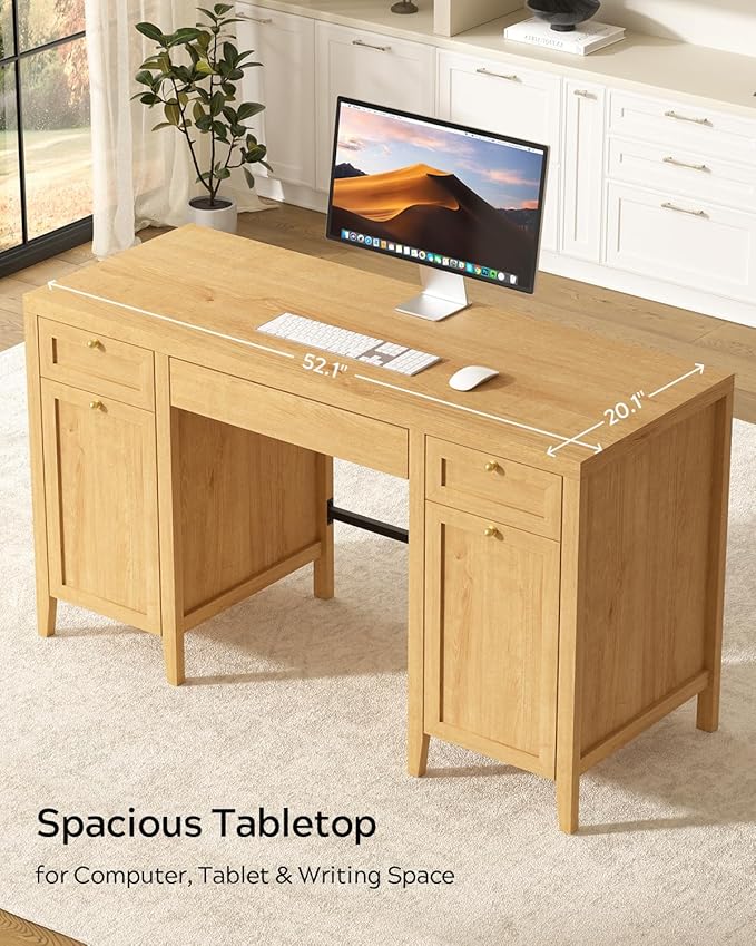 52 Large Executive Desk with Drawers Farmhouse Wooden Home Office Desk with Storage Cabinet Modern Computer Writing Desk for Work Study Workspace Natural Oak
