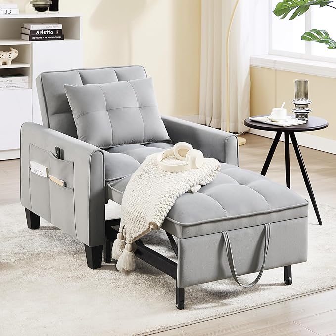 Convertible Sleeper Chair 3 in 1 Sleeper Chair Bed Pull Out Sofa Bed Chairs Velvet Single Sofa Beds with Adjustable Backrest for Adults Reading Living Room Bedroom Light Grey