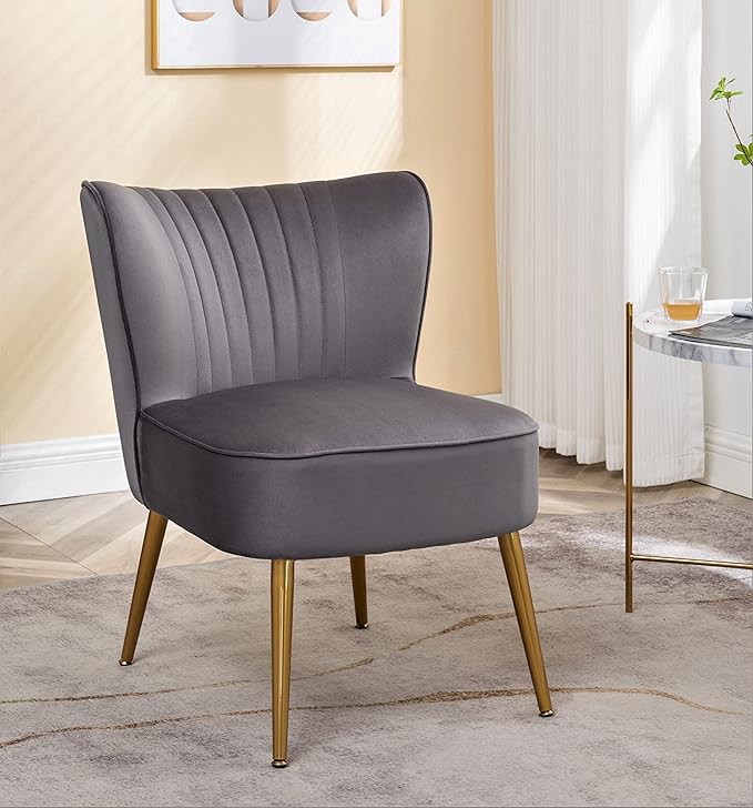Modern Velvet Accent Chair for Living Room Bedroom or Entryway Stylish and Comfortable Armless Design with Metal Legs Grey