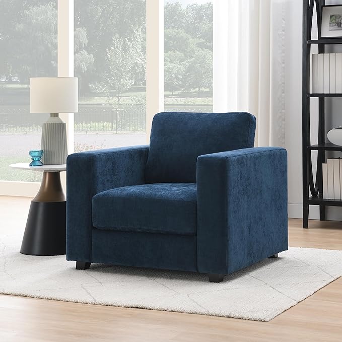 39 Oversized Accent Chair Chenille Fabric Upholstered Armchair Comfy with 350lb Weight Capacity &amp 7-inch Thick Seat – The Perfect Reading Chair for Living Room Bedroom Office (A-Blue)