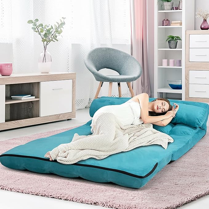 DORTALA Foldable Floor Sofa 6-Position Adjustable Lounge Couch with 2 Pillows &amp Suede Cloth Cover Modern Lounge Mattress Video Gaming Lazy Couch Suede Floor Seating Sofa 71 x 44.5 Blue