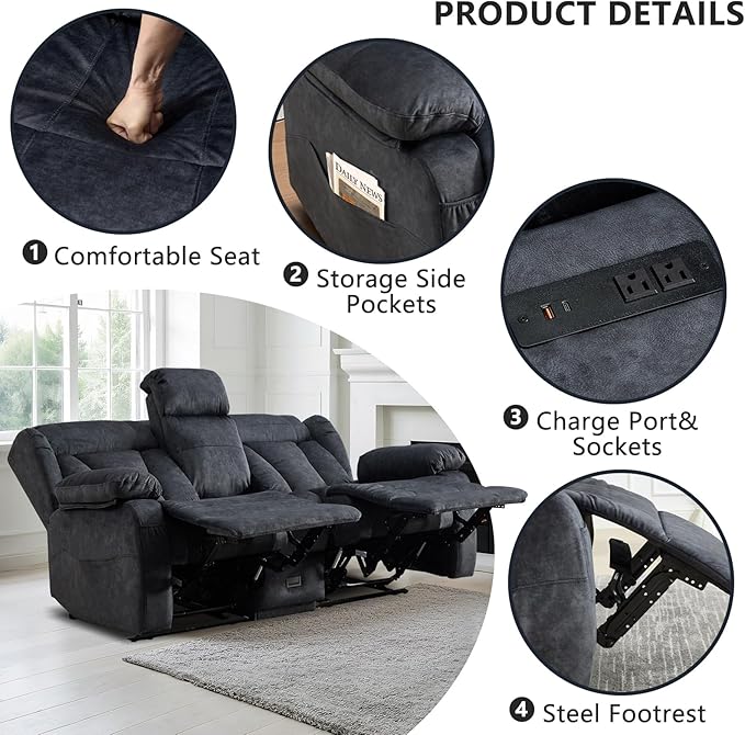 Loveseat Recliner Sofa Velvet Loveseat Reclining with Console for Living Room RV Recliner Couch with Cup Holder/AC/USB C/USB and Drawer Manual Reclining Love seat Couch (Gray)