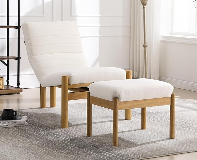 EALSON Modern Accent Chair with Ottoman Beige Fabric Upholstered Seater with High Backs Unique Design Wood Frame Armless for Living Room/Bedroom Reading/Office Use
